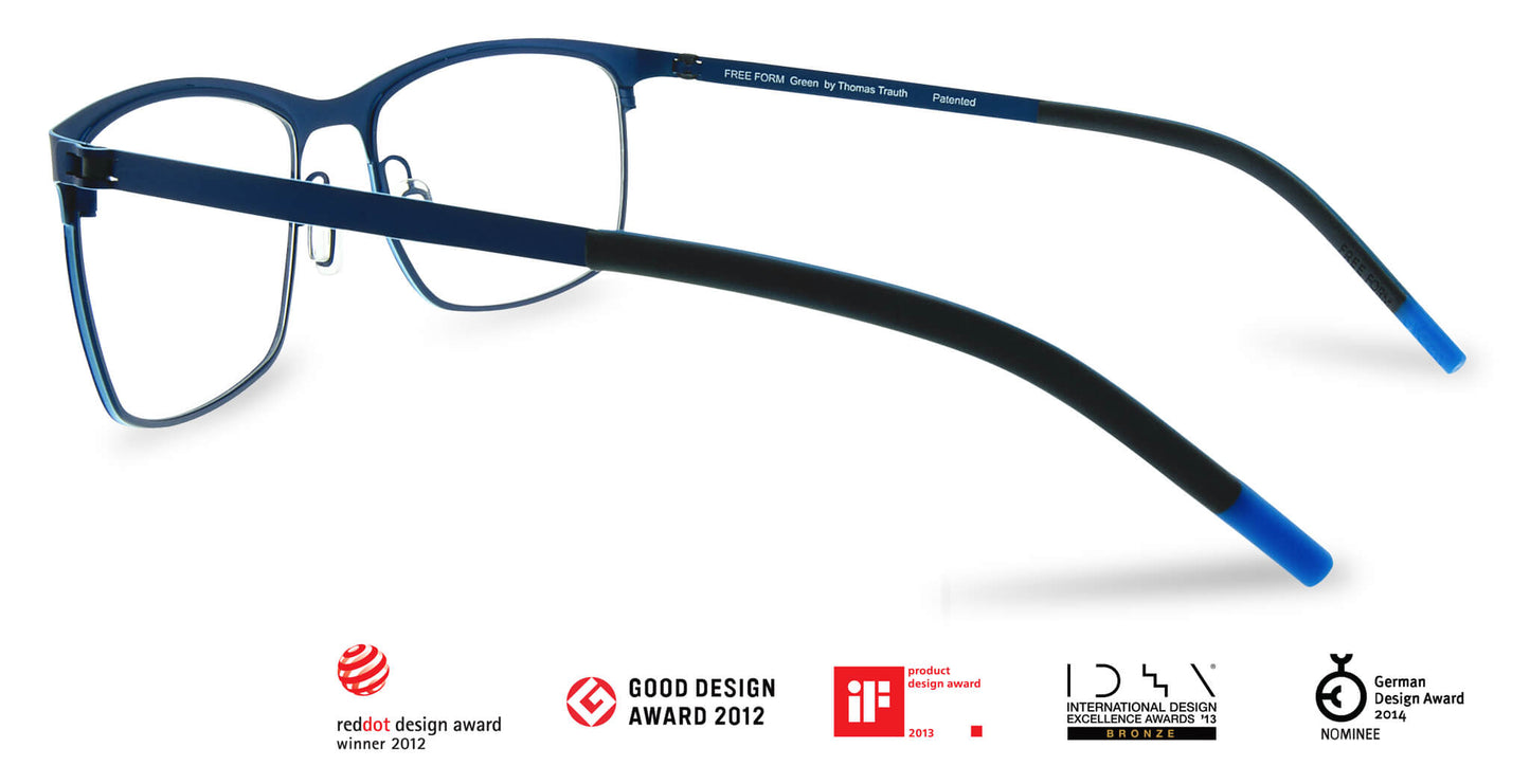 Free Form Eyewear™ Titanium 14g feather-light full frame glasses in green-blue gradient, luxury German design with screwless hinges for men and women. Award-winning lightweight titanium eyeglasses ideal for strong prescriptions and all-day comfort.