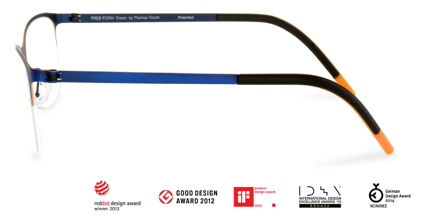 Free Form Eyewear™ Titanium 14g FFA918 half-frame glasses in green and blue with orange tips, luxury German design, ultra-lightweight for men and women.