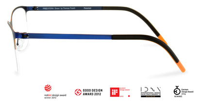 Free Form Eyewear™ Titanium 14g FFA918 half-frame glasses in green and blue with orange tips, luxury German design, ultra-lightweight for men and women.
