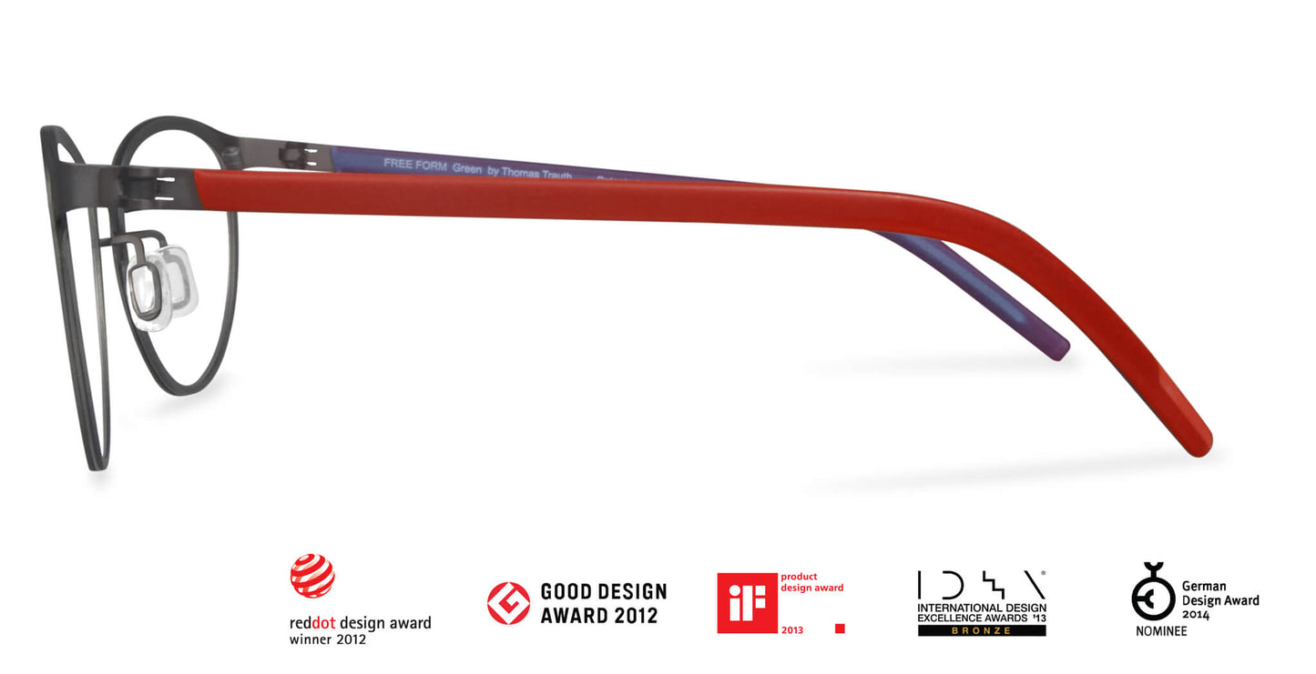Free Form Eyewear™ Titanium 14g feather-light eyeglasses in green with red temples, luxury German design with screwless hinge innovation.