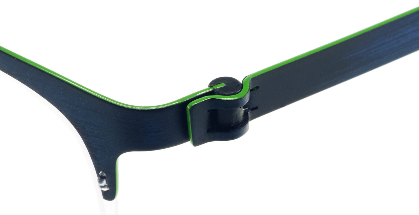 Close-up of Free Form Eyewear™ Model FFA916 in green-black titanium, showcasing screwless hinge and half-frame luxury German design.