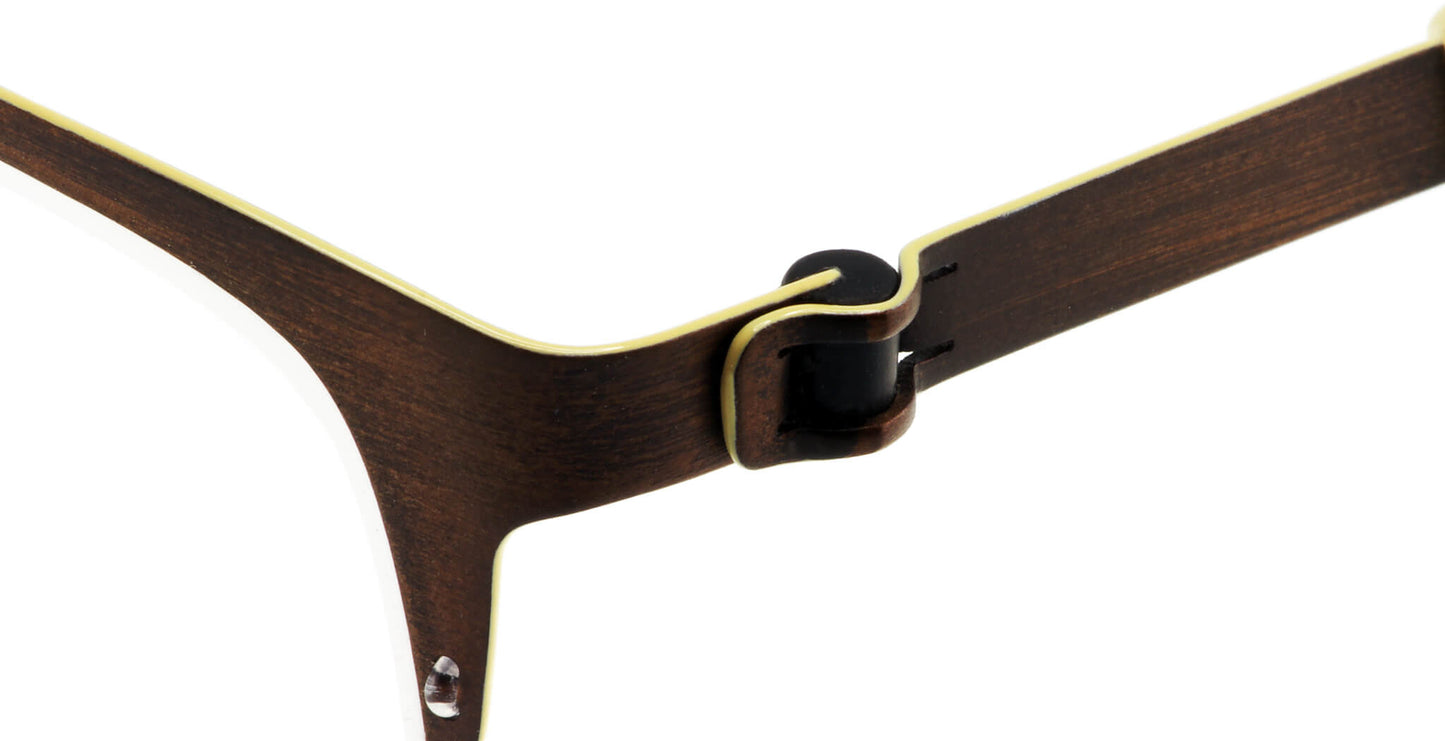 Close-up of Free Form Eyewear™ Titanium FFA914 screwless hinge in brown-gold half frame. Lightweight 14g German design for men and women.