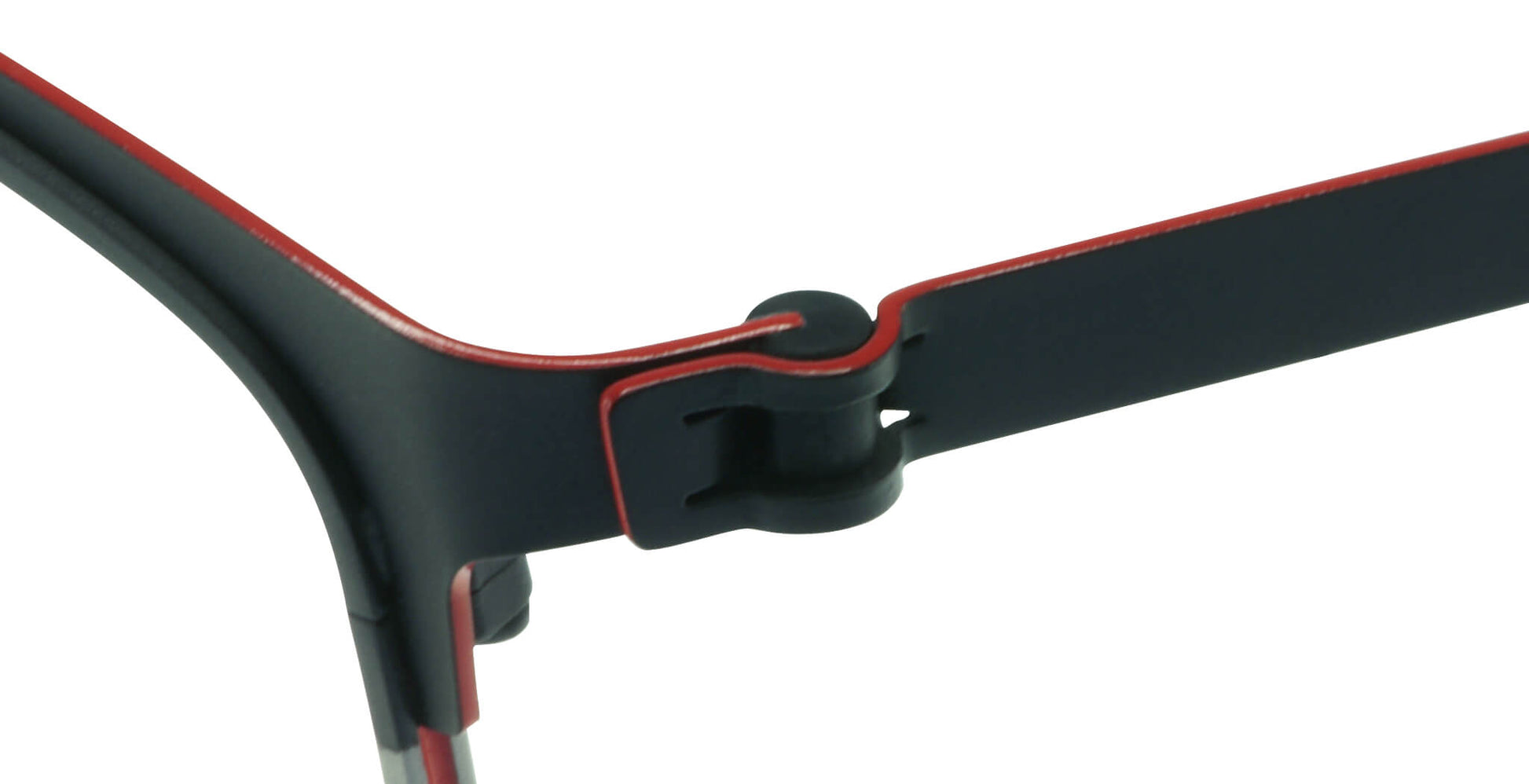 Close-up of Free Form Eyewear™ FFA926 titanium eyeglasses hinge in black and red, showcasing screwless German-engineered lightweight design.