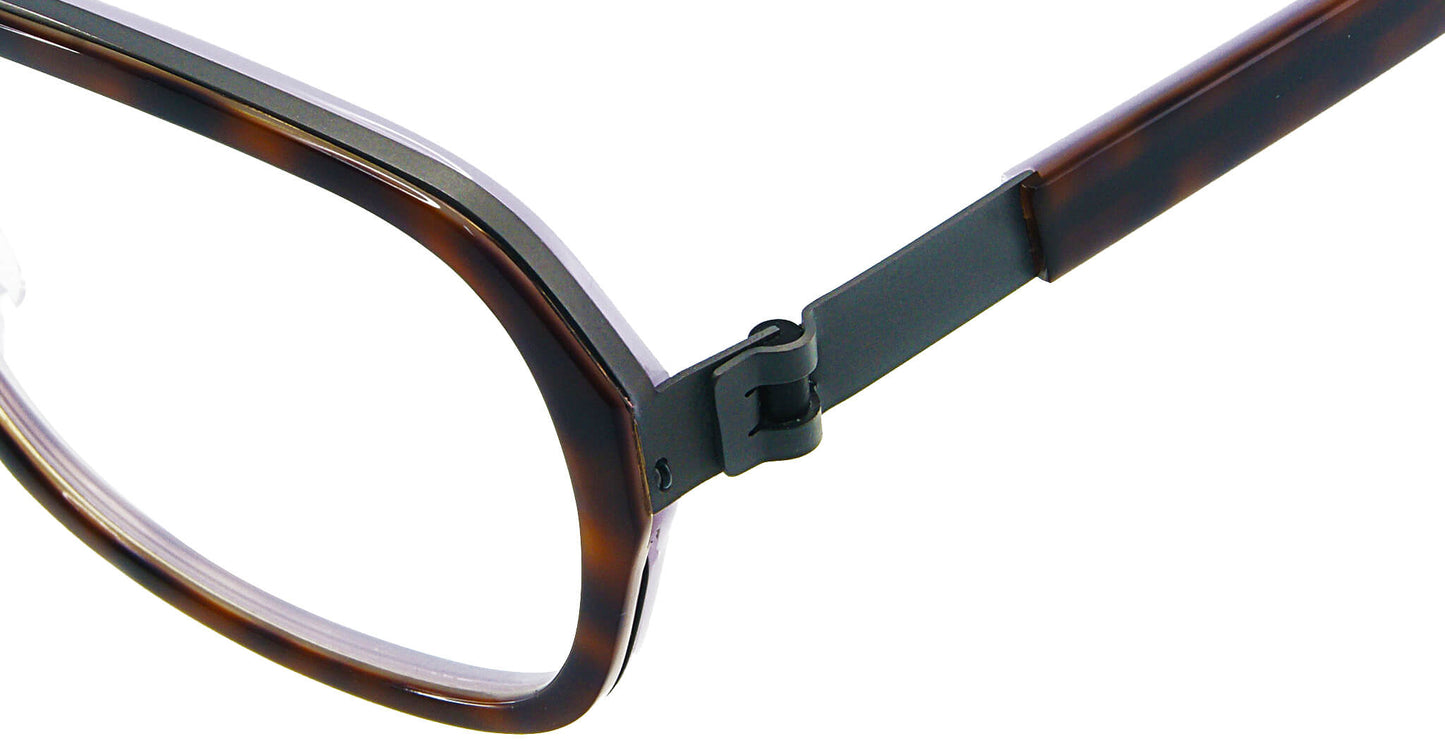 Close-up of Free Form Eyewear™ Titanium 14g feather-light eyeglasses model FFA982 in tortoiseshell brown with screwless hinge design. Luxury German-engineered full frame for men and women.