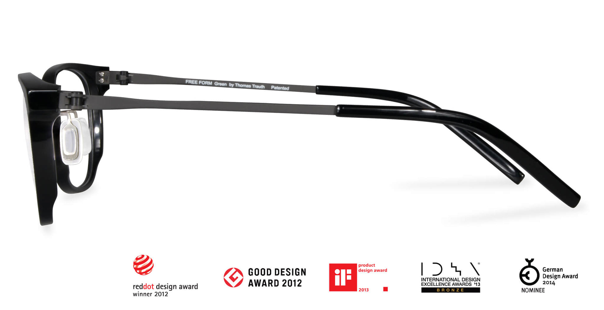 Side view of Free Form Eyewear™ Titanium 14g eyeglasses in green full frame, showcasing screwless hinge and ultra-lightweight German design.