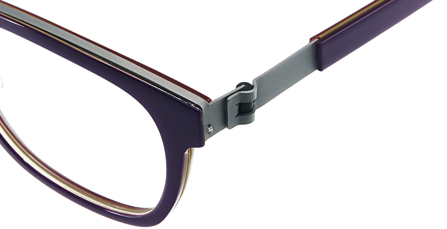 Close-up of Free Form Eyewear™ Titanium FFA983 eyeglasses in purple with screwless hinge. Lightweight 14g German design for men and women.