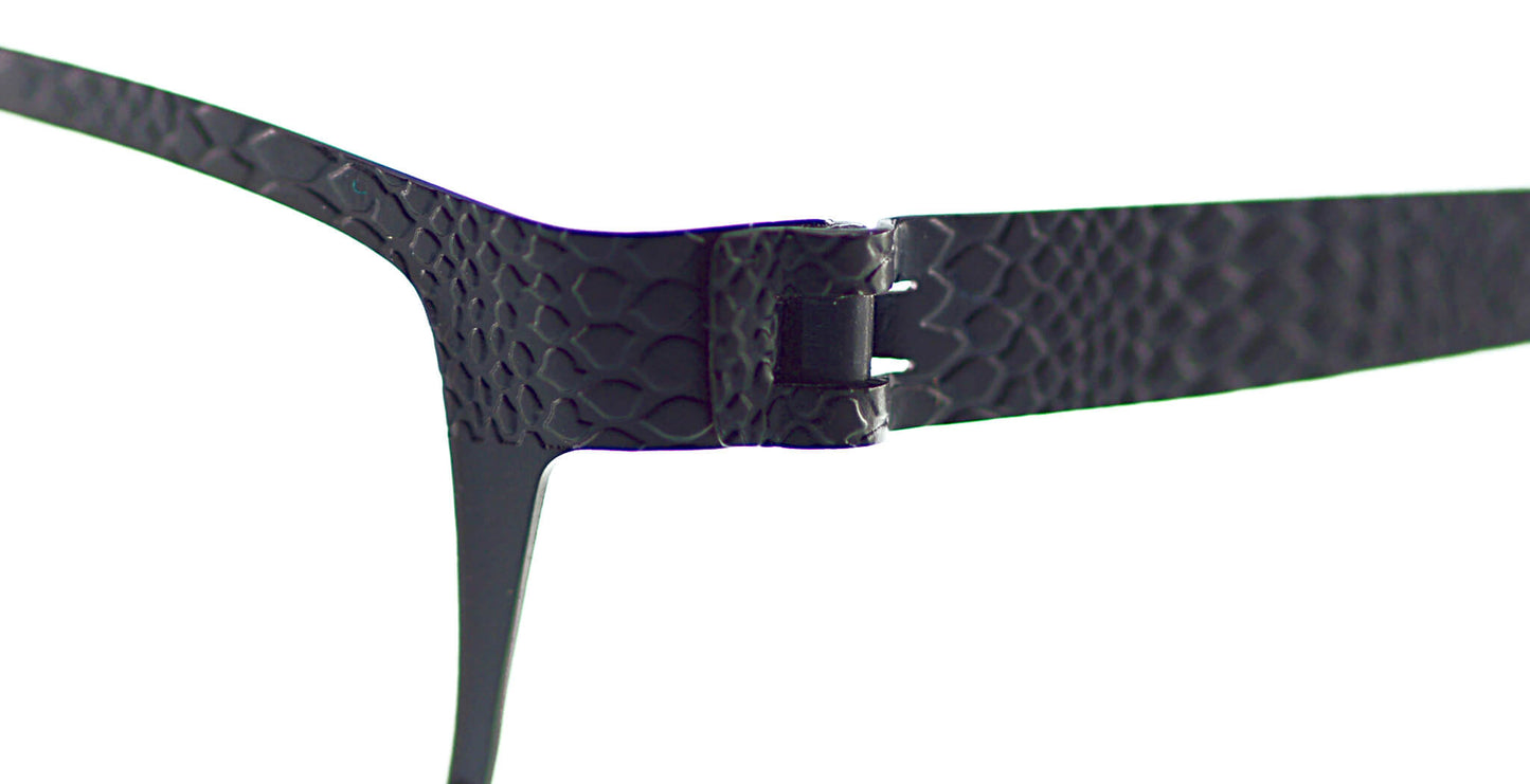 Close-up of Free Form Eyewear™ Titanium FFA935 half-frame glasses in green with textured snake-skin pattern and screwless hinge design. Lightweight 14g luxury German-engineered frame for men and women.