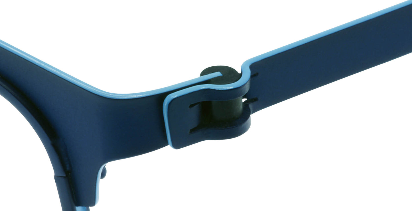 Close-up of Free Form Eyewear™ Titanium 14g eyeglasses hinge in blue, showcasing screwless German-engineered design for lightweight durability.