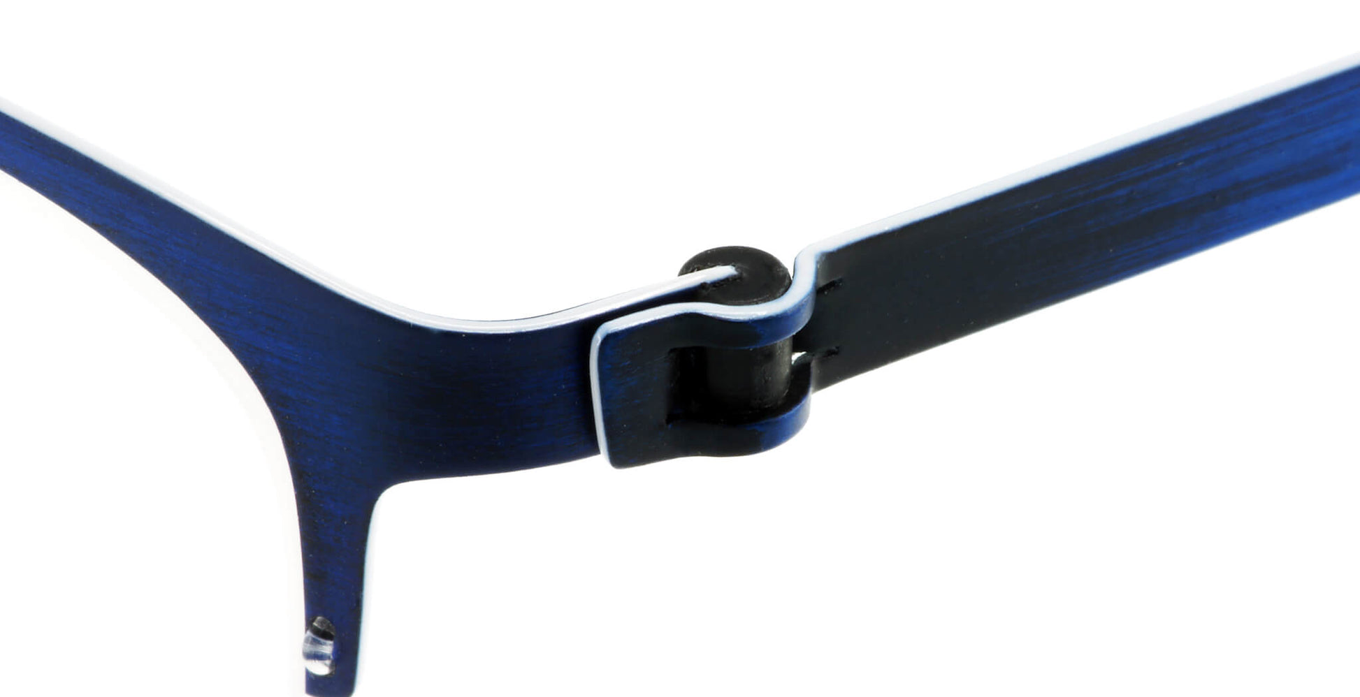 Close-up of Free Form Eyewear™ Titanium 14g feather-light eyeglasses in blue, showcasing screwless hinge design and luxury German engineering.