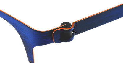 Close-up of Free Form Eyewear™ Model FFA918 titanium screwless hinge in blue with orange trim. Lightweight 14g German design for luxury eyeglasses.