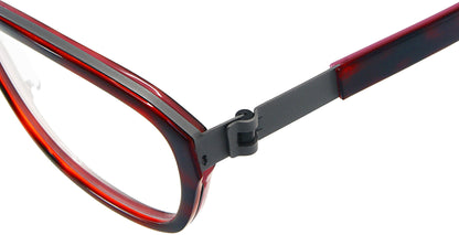 Close-up of Free Form Eyewear™ Model FFA981 showing screwless hinge and red titanium full frame. Lightweight 14g German design for men and women.