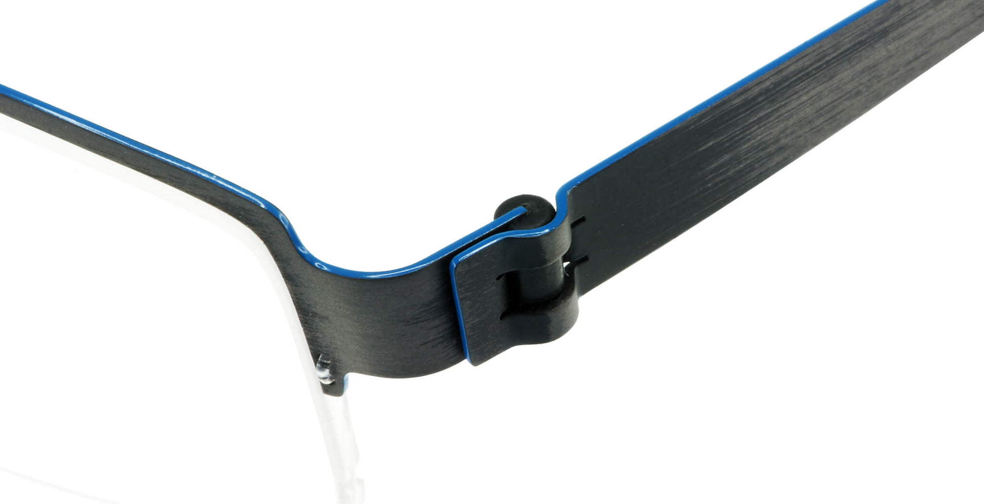 Close-up of Free Form Eyewear™ Titanium 14g feather-light eyeglasses in green with screwless hinge. Luxury German half-frame design for men and women.