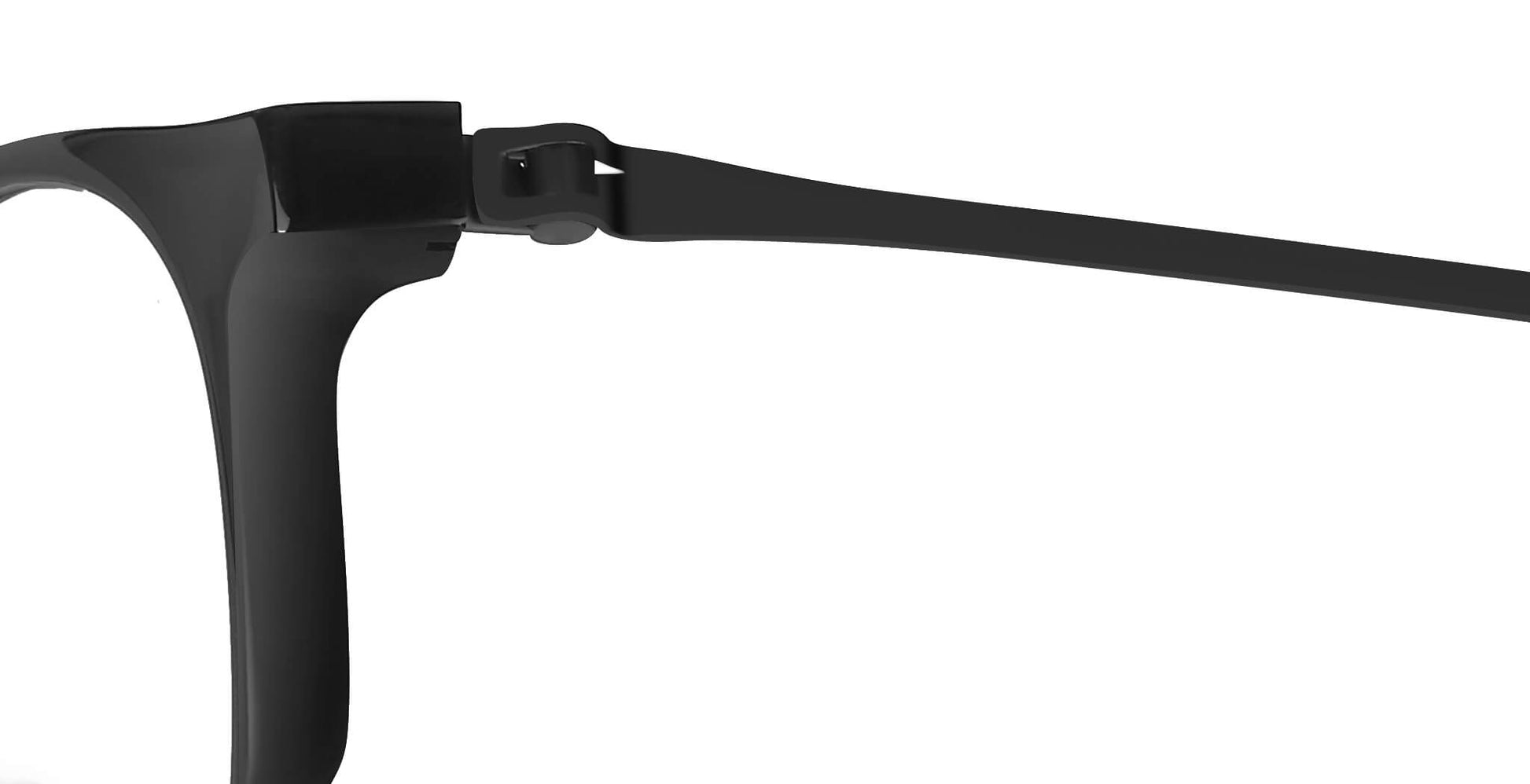 Close-up of Free Form Eyewear™ Titanium 14g FFA993 hinge showing screwless German-engineered design in black full frame. Lightweight luxury eyeglasses.
