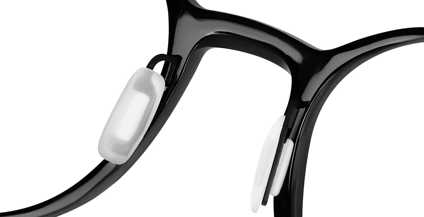 Close-up of Free Form Eyewear™ Titanium 14g feather-light eyeglasses in black, showcasing screwless hinge and soft nose pads for comfort.