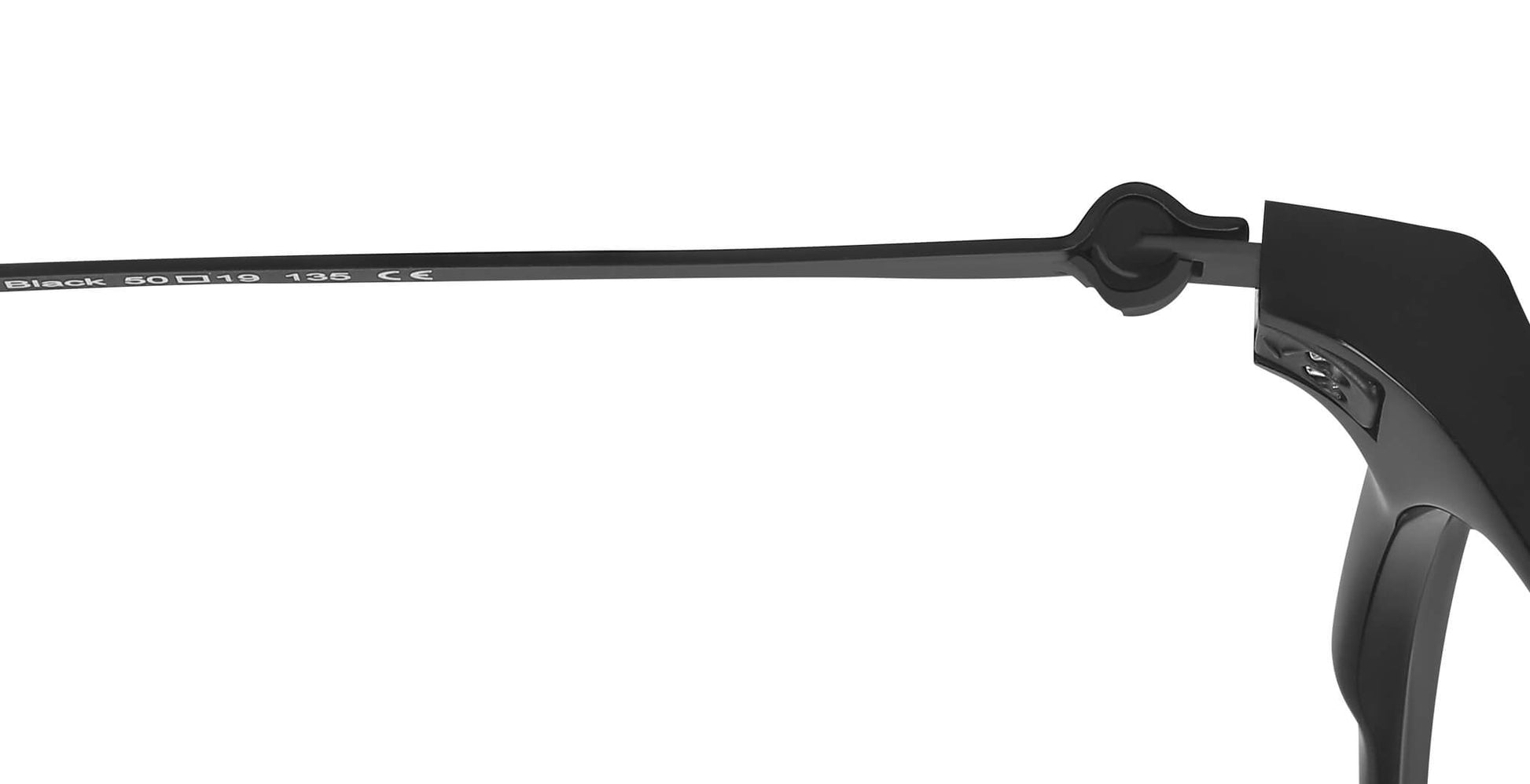 Close-up of Free Form Eyewear™ Titanium 14g feather-light eyeglasses hinge in black, showcasing screwless German design for durability and comfort.