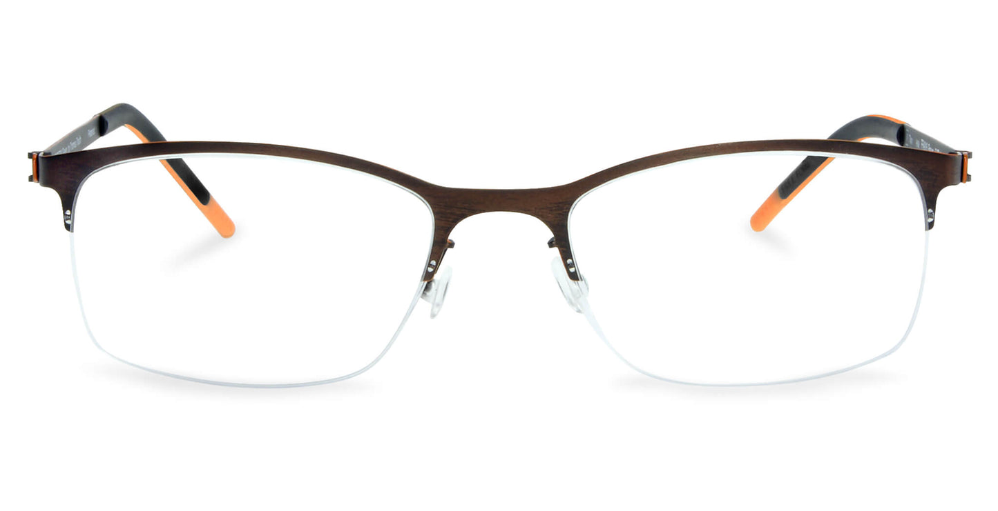 Free Form Eyewear™ FFA916 titanium half-frame eyeglasses in green with orange temple tips. Lightweight 14g luxury German design for men and women.