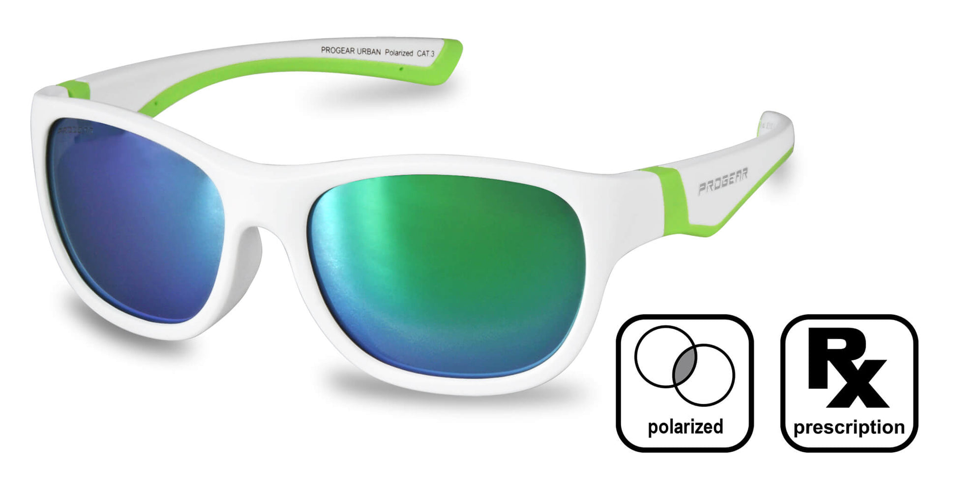 PROGEAR Urban U-1514 white and green polarized prescription sunglasses with green mirror lenses for active and casual use.