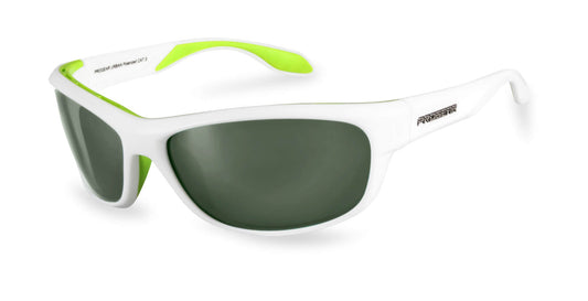 PROGEAR® U-1509 white and green prescription cycling sunglasses with polarized lenses and lightweight sport wrap frame for UV protection.