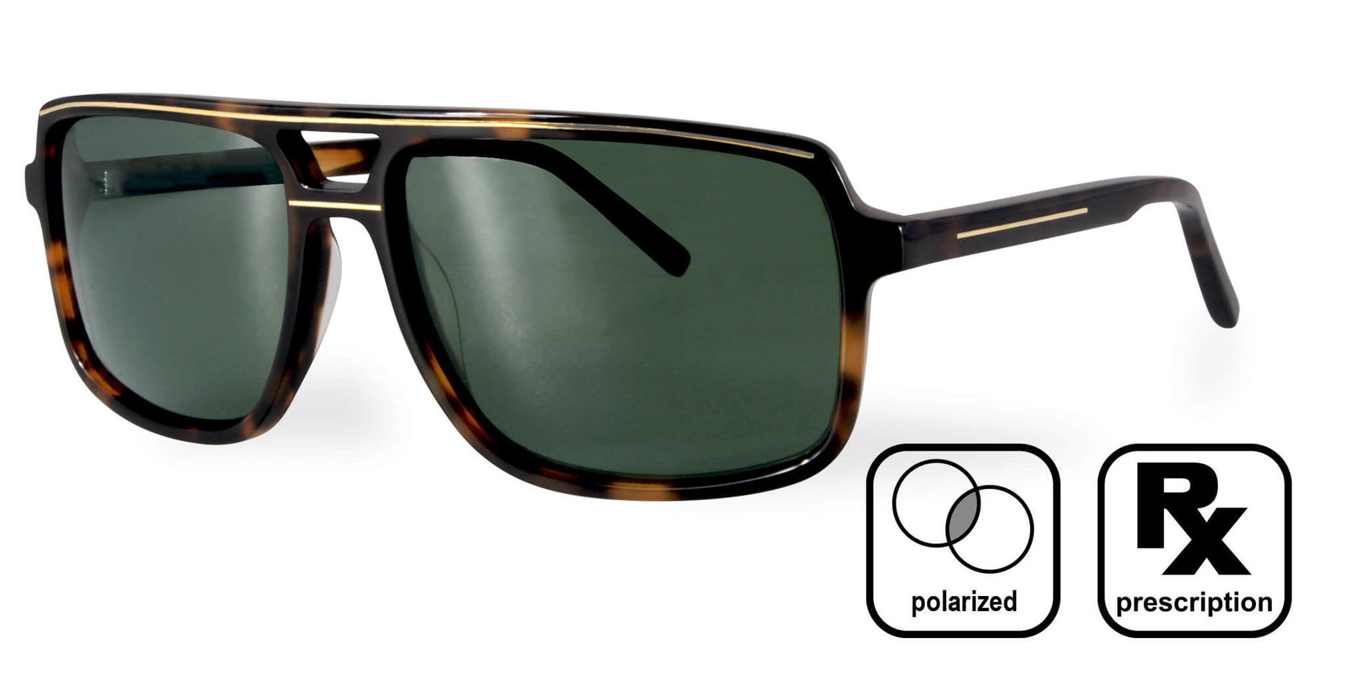 PROGEAR Urban BI-6006 polarized prescription sunglasses in tortoiseshell with green lenses, combining style and UV protection.
