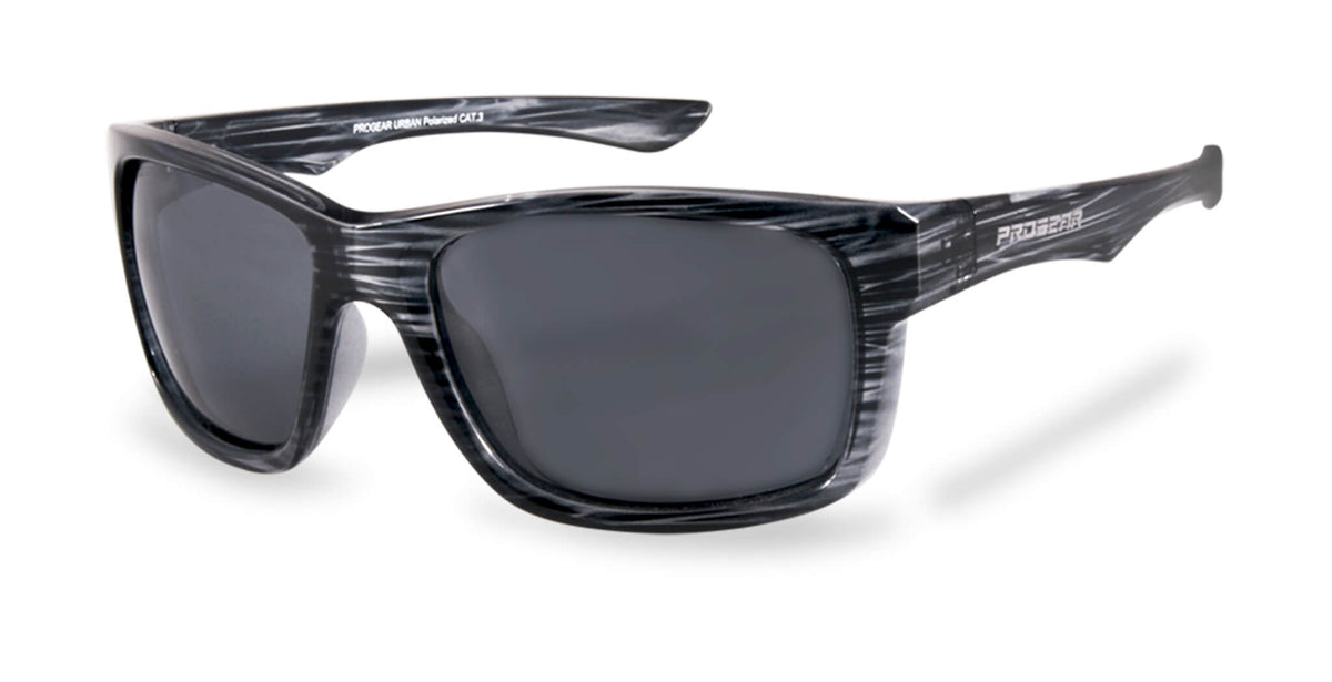 PROGEAR U-1503 polarized fishing sunglasses in black and gray pattern with dark lenses, designed for serious anglers needing Rx support.