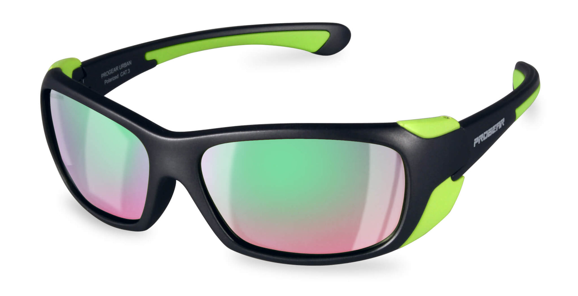 Black and green PROGEAR® U-1517 prescription cycling sunglasses with mirrored lenses and sport wrap frame for kids.
