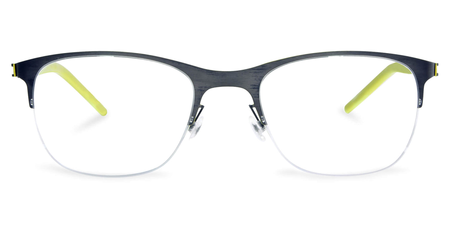 Free Form Eyewear™ Titanium FFA918 half-frame eyeglasses in green with yellow temple tips. Ultra-light 14g German design for men and women.