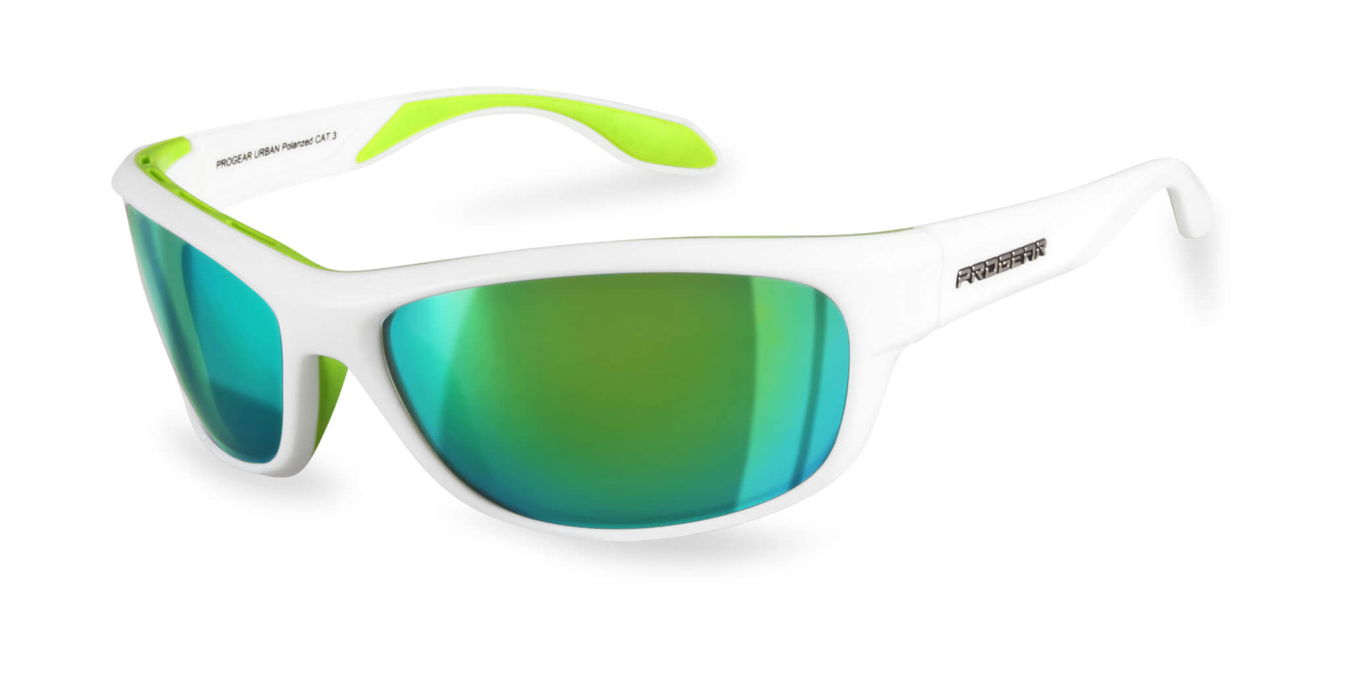 PROGEAR Fishing U-1509 sunglasses in white with green mirror lenses, featuring sport wrap frame and polarized prescription lens compatibility.