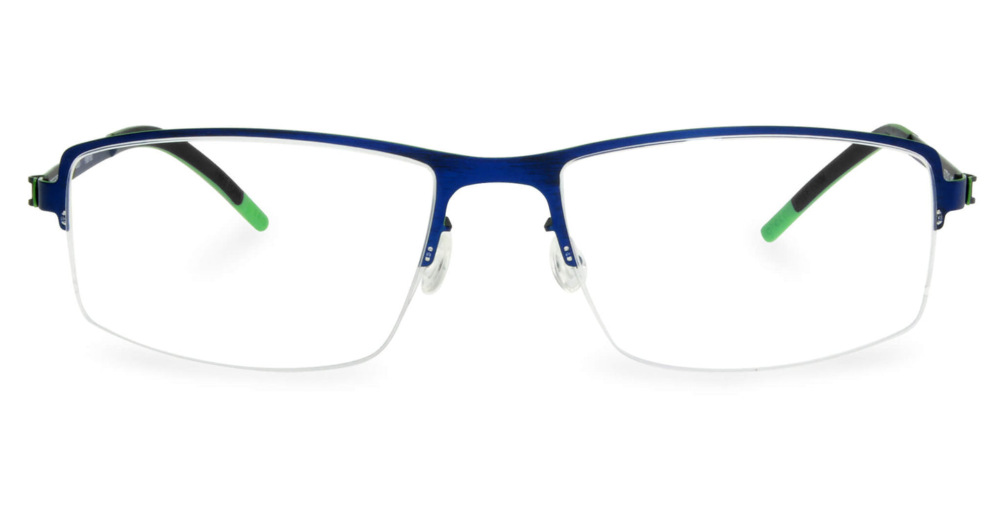 Titanium glasses FFA902 with green and blue half frame, ultra-light 14g design for men and women, luxury German engineering, screwless hinges.