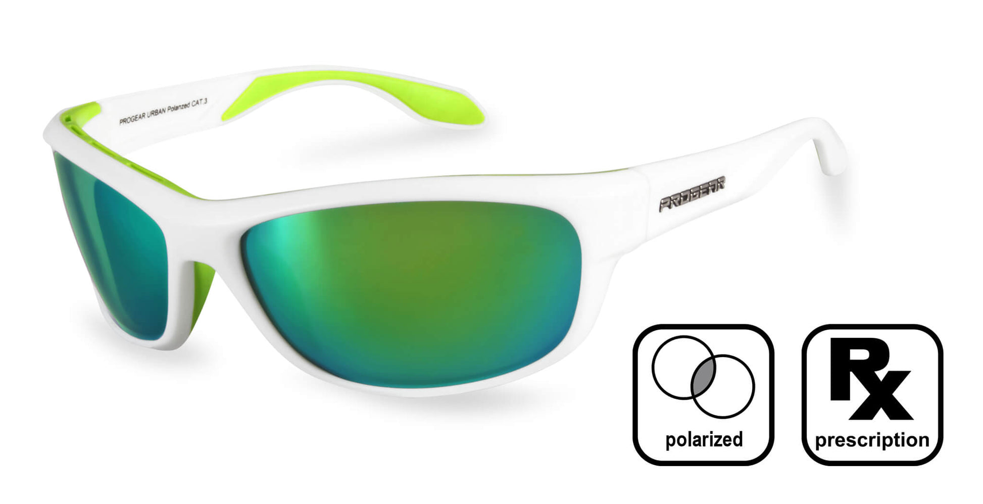 White and green PROGEAR Urban U-1509 polarized prescription sunglasses with green mirror lenses for active outdoor use.