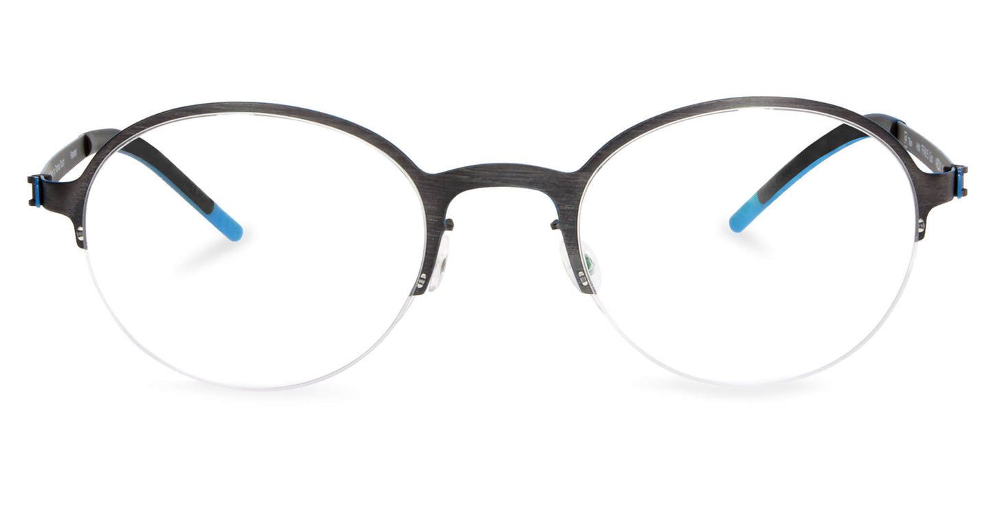 Free Form Eyewear™ Titanium 14g FFA915 half-frame eyeglasses in green with round lenses and blue temple tips. Lightweight luxury German design for men and women.