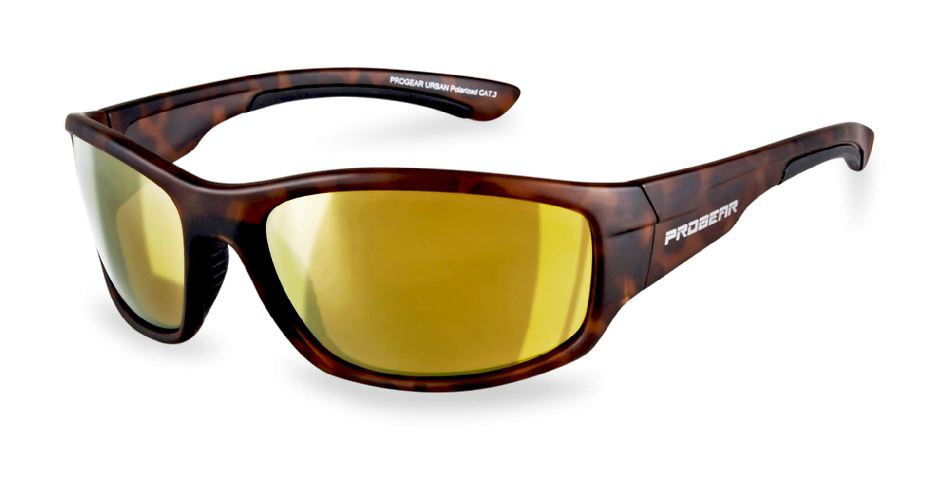 PROGEAR polarized prescription fishing sunglasses in tortoise brown with gold mirror lenses and SecureGrip sport wrap frame for anglers.