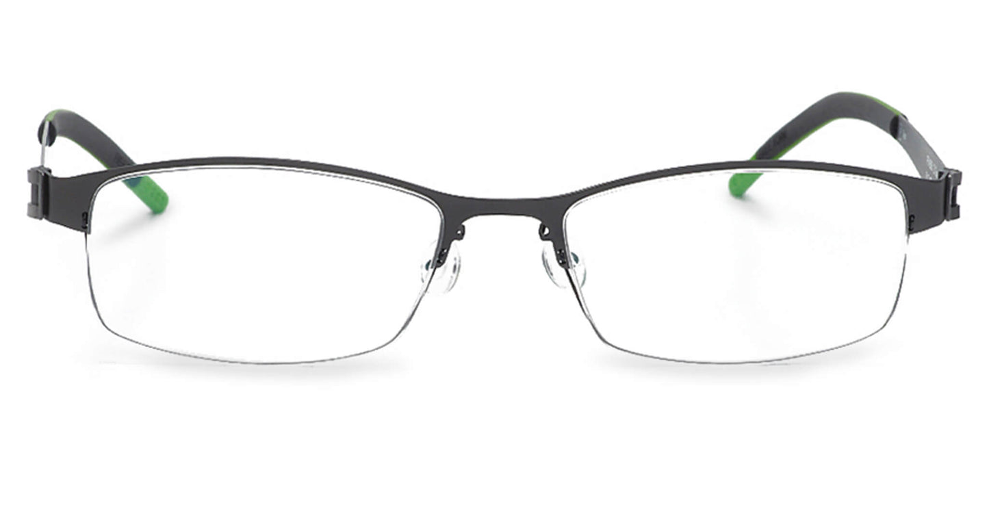 Free Form Eyewear™ Titanium 14g feather-light eyeglasses in green half-frame design for men and women. Luxury German-engineered blue light glasses.