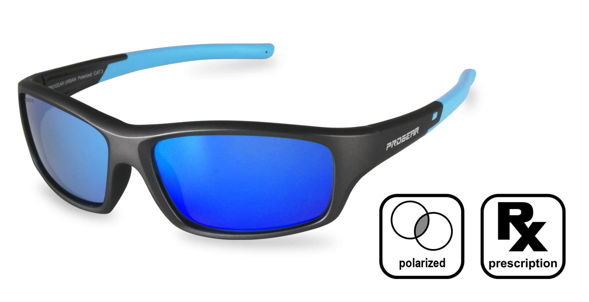 PROGEAR Urban U-1513 polarized prescription sunglasses in black with blue mirror lenses and blue temple tips for sporty style.