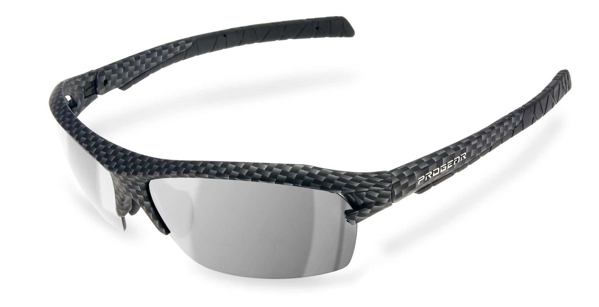 Carbon fiber-style PROGEAR S-1283 polarized prescription fishing sunglasses with silver mirrored lenses and sport wrap frame.
