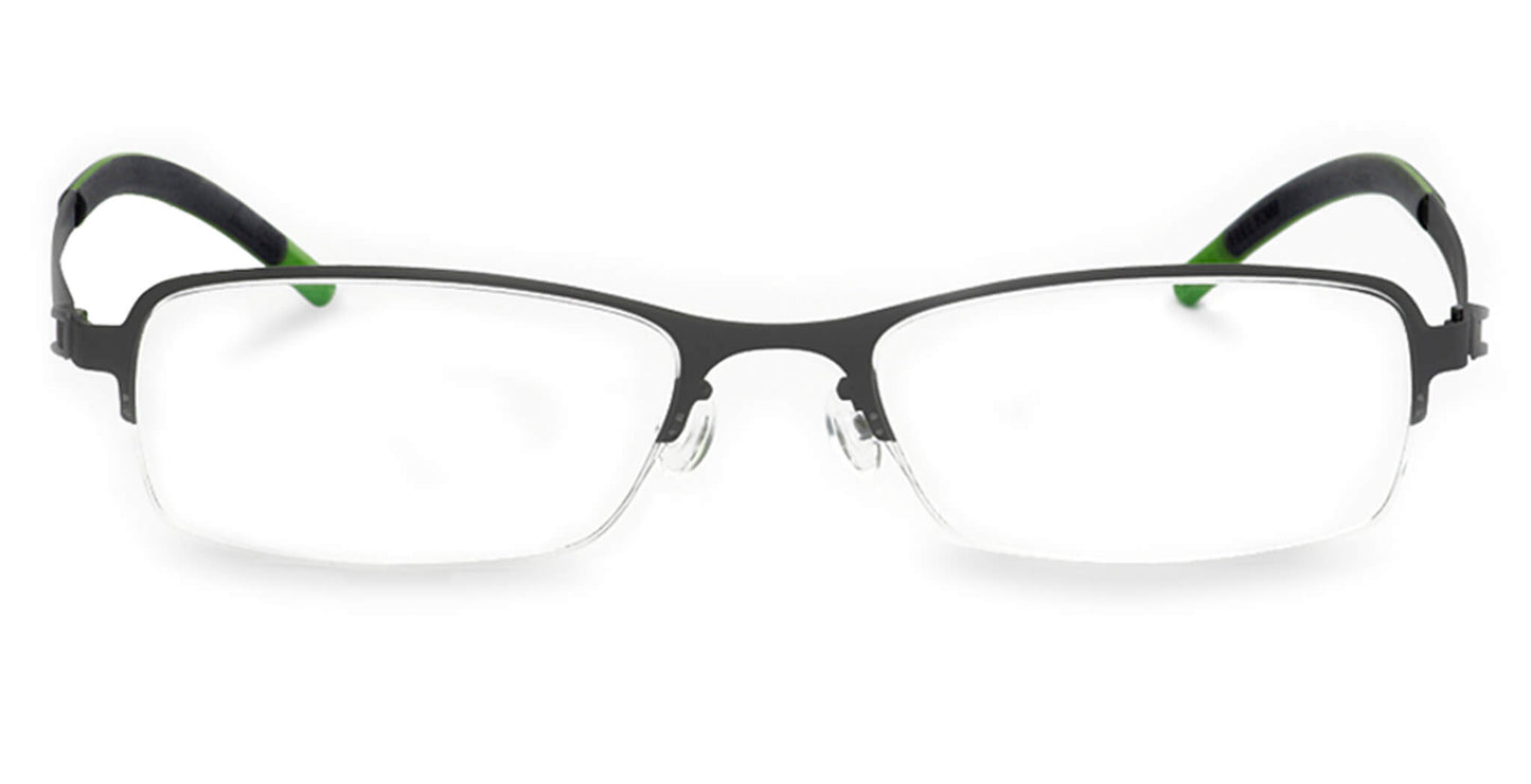Free Form Eyewear™ Titanium 14g feather-light green half-frame glasses with screwless hinges and luxury German design for men and women. Ideal for blue light protection and strong prescriptions, these lightweight titanium eyeglasses offer all-day comfort and durability.