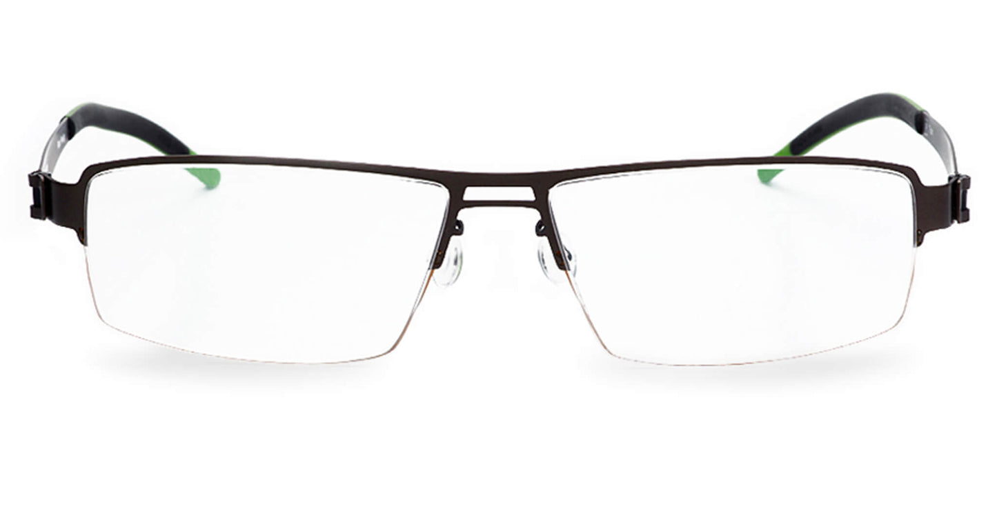 Free Form Eyewear™ FFA903 green titanium half frame glasses with screwless hinges and ultra-light 14g German design for men and women. Ideal for blue light filtering and strong prescriptions, perfect for online clearance shoppers seeking luxury and comfort.