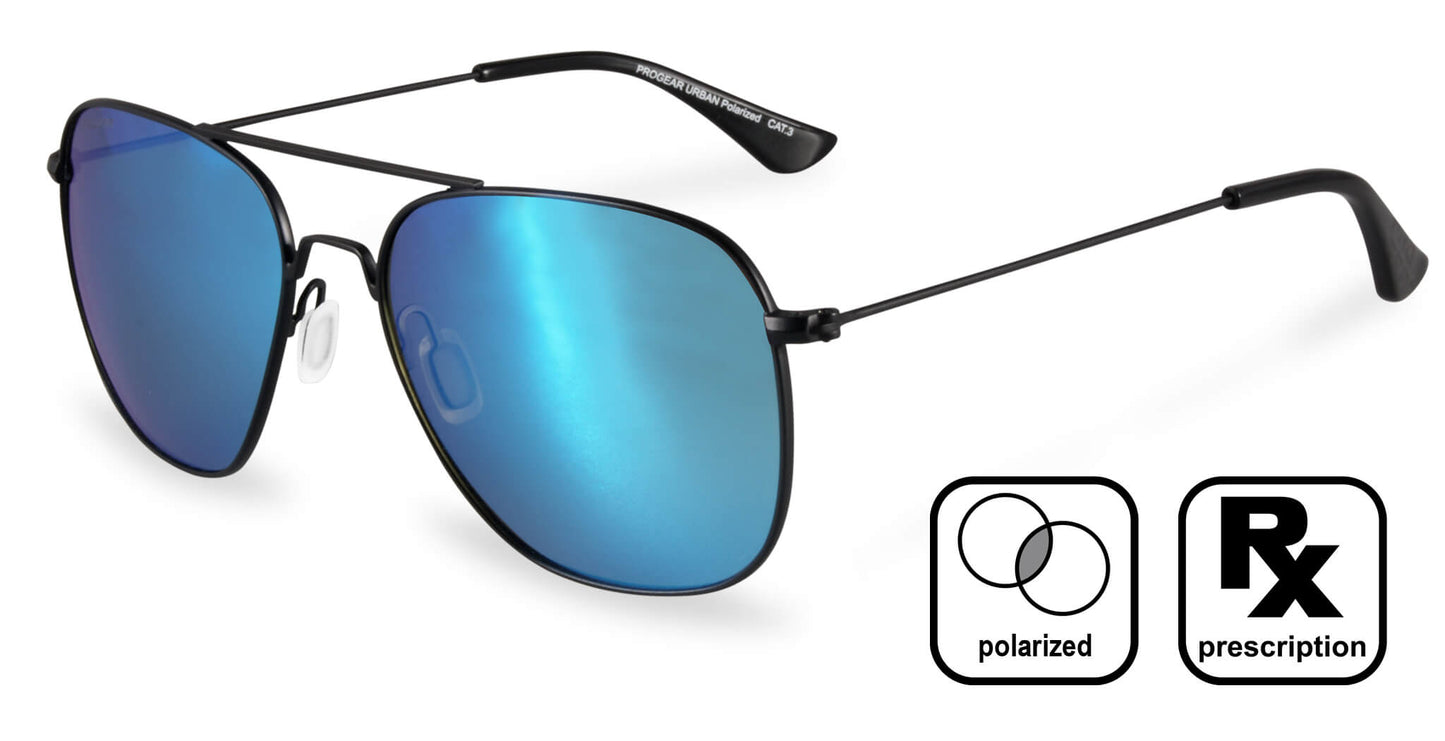 PROGEAR Urban U-1512 prescription sunglasses in black with blue mirrored polarized lenses, ideal for UV protection and sports use.