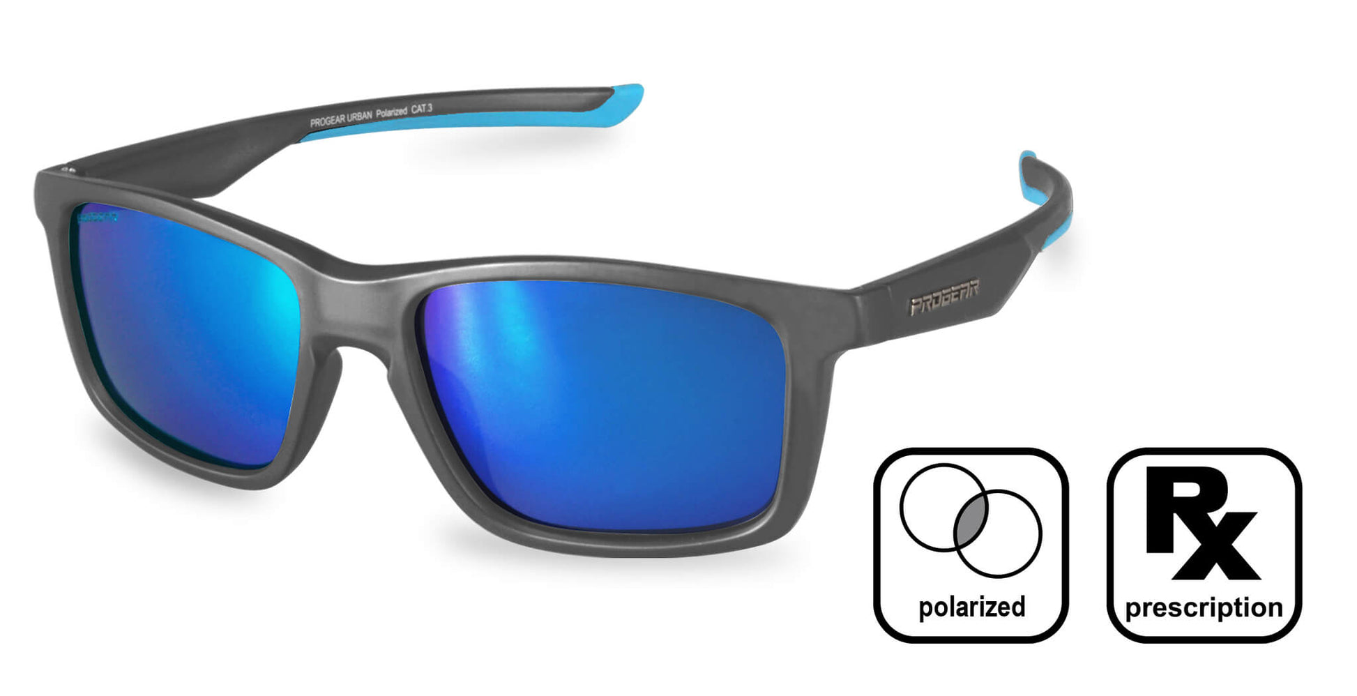 PROGEAR Urban U-1515 prescription sunglasses in black with blue mirror polarized lenses, perfect for sports and UV protection.