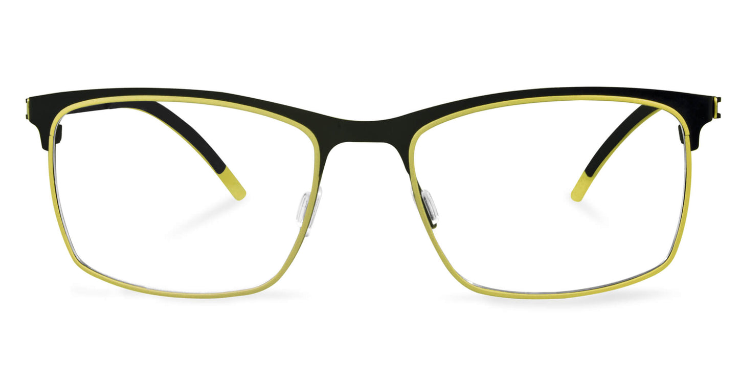 Free Form Eyewear™ FFA945 green full-rim titanium glasses with yellow accents, 14g feather-light luxury German design for men and women. Ideal for blue light protection and strong prescriptions.