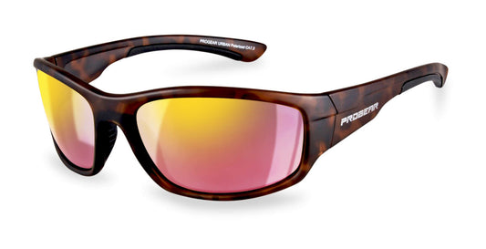 PROGEAR® Prescription Cycling Sunglasses U-1507 in tortoiseshell brown with red-yellow mirrored lenses, designed for high-performance road cycling.