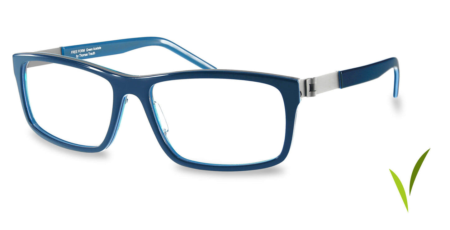 Free Form Eyewear™ Model FFA986 in blue full-rim titanium frame, 14g feather-light luxury German design for men and women. Vegan-friendly eyeglasses ideal for strong prescriptions and all-day comfort.