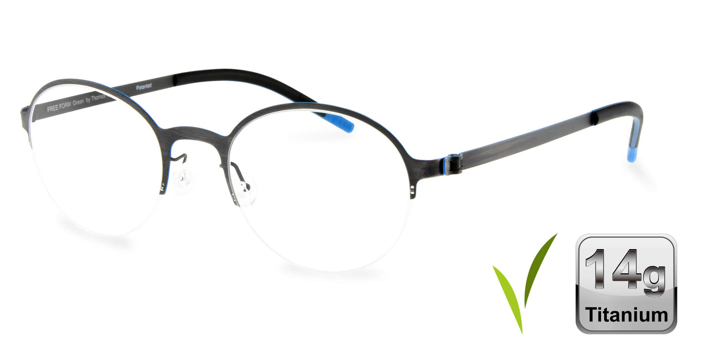 Free Form Eyewear™ FFA915 green titanium half-frame glasses with blue temple tips, 14g ultra-lightweight luxury German design for men and women.