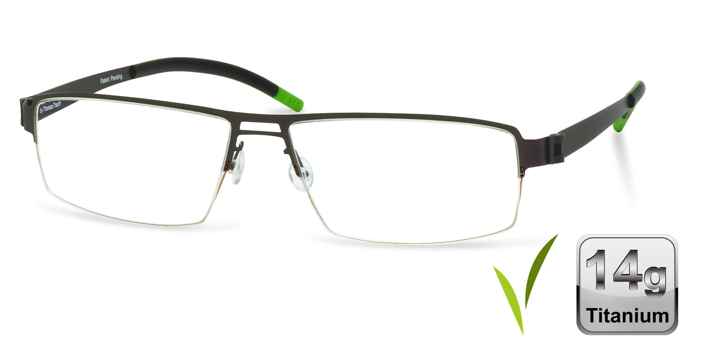 Free Form Eyewear™ FFA903 green titanium half-frame eyeglasses with 14g ultra-lightweight German design for men and women. Ideal for blue light and prescription use.
