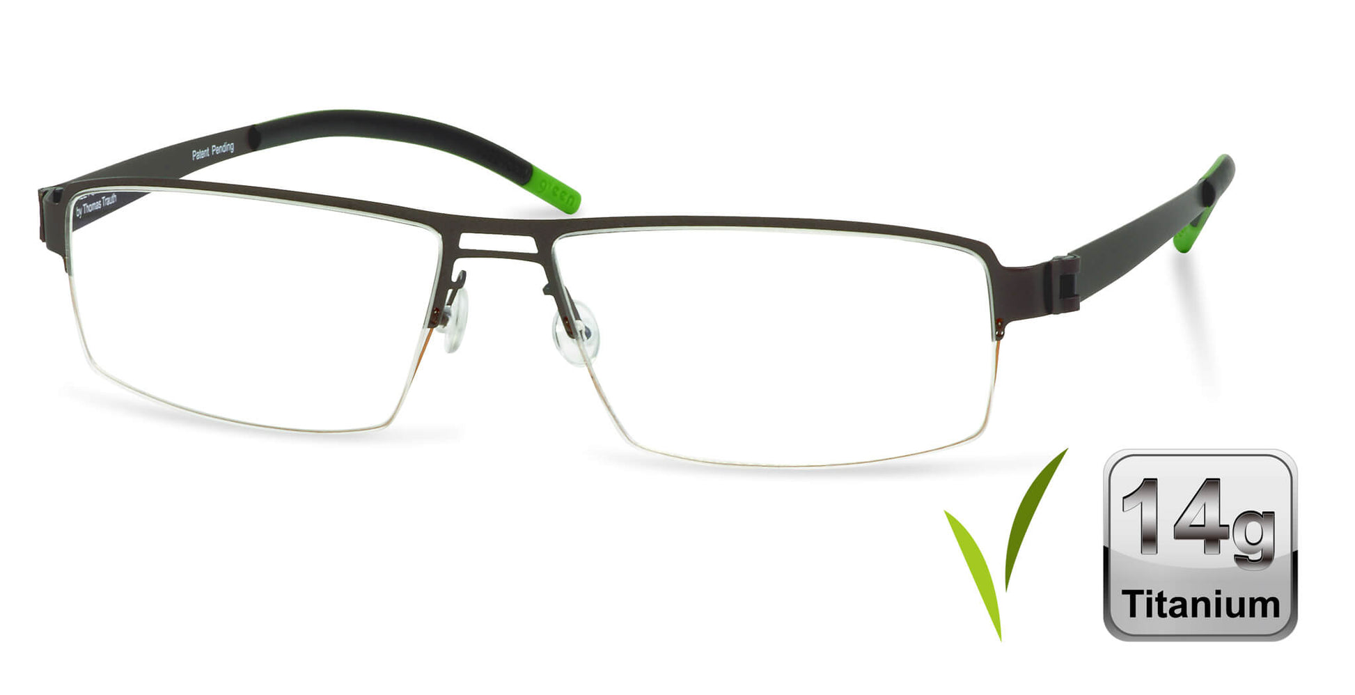 Free Form Eyewear™ FFA903 green titanium half-frame eyeglasses with 14g ultra-lightweight German design for men and women. Ideal for blue light and prescription use.