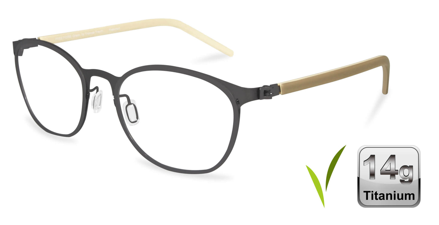 Free Form Eyewear™ FFA976 full frame titanium eyeglasses in green with beige temples, 14g lightweight German design for men and women. Premium screwless hinge for all-day comfort and durability in luxury vision care.