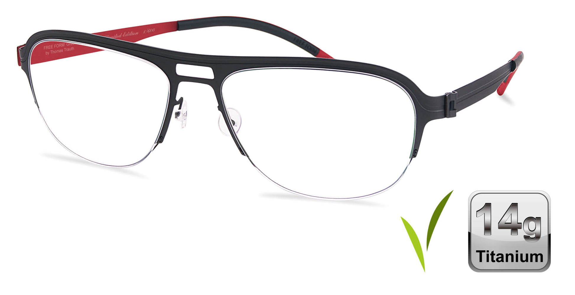 Free Form Eyewear™ Titanium 14g feather-light eyeglasses in green half-frame design with red temple tips. Luxury German-engineered frame for men and women.
