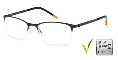 Free Form Eyewear™ FFA916 half-frame titanium glasses in green with orange temple tips, 14g lightweight German design for men and women. Ideal for blue light protection and strong prescriptions.