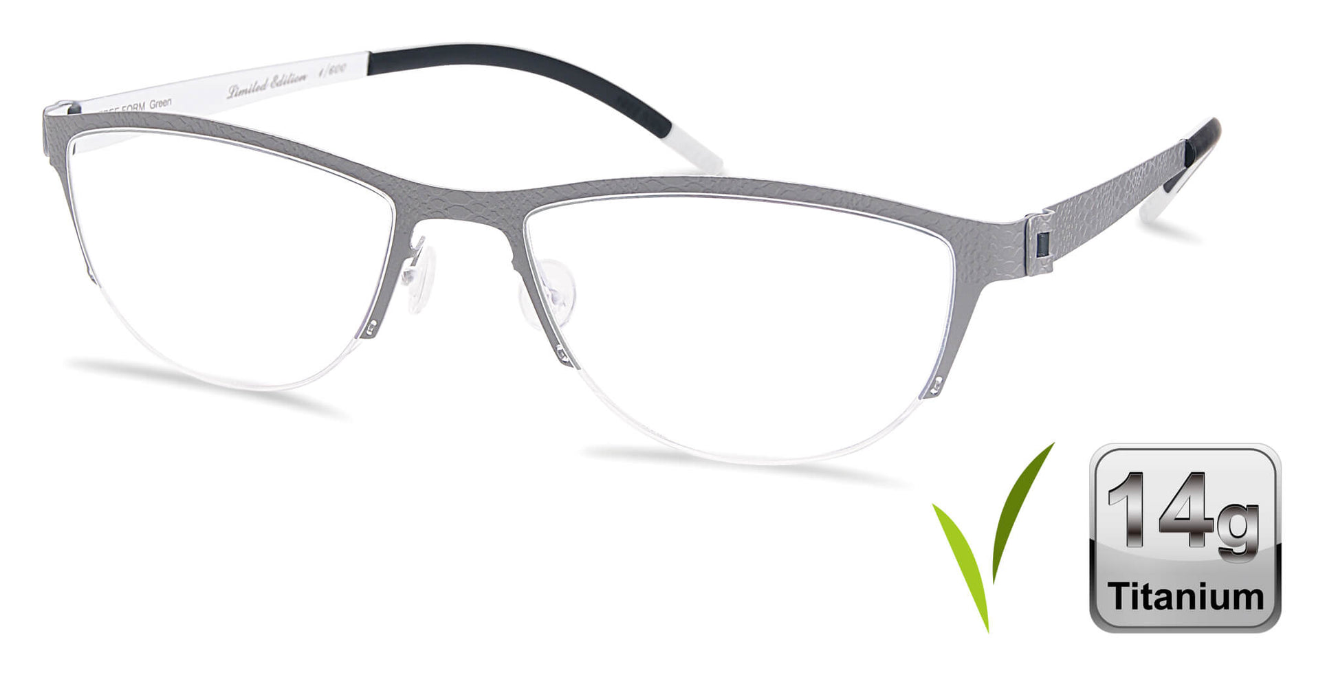 Free Form Eyewear™ Model FFA935 half-frame titanium glasses in green with 14g lightweight German design. Luxury screwless hinge for men and women.