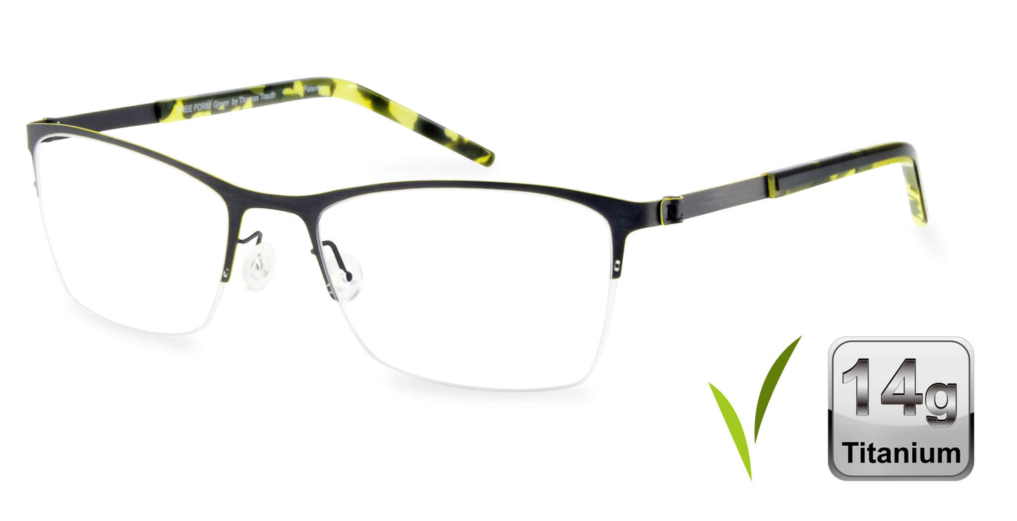 Free Form Eyewear™ FFA917 green half-frame titanium glasses with tortoiseshell arms, 14g lightweight German design for men and women. Ideal for blue light protection and strong prescriptions.