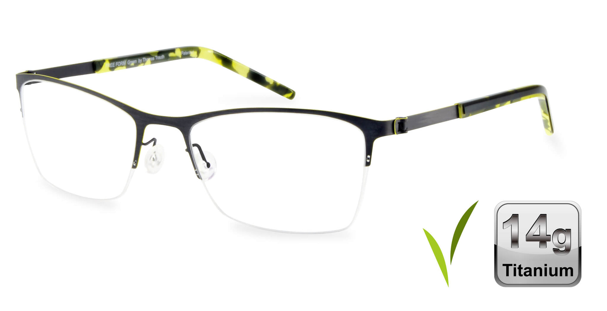Free Form Eyewear™ FFA917 green half-frame titanium glasses with tortoiseshell arms, 14g lightweight German design for men and women. Ideal for blue light protection and strong prescriptions.